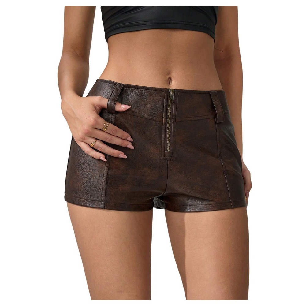 NWT BEAUDRM Brown PU Leather Low Rise Micro Mini Shorts Y2K Party Small